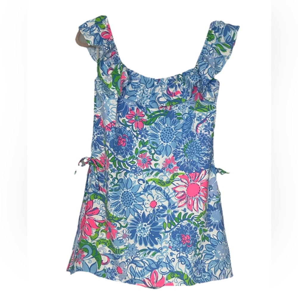New Lilly Pulitzer Zoya Ruffle Romper Frenchie Blue Suns Out